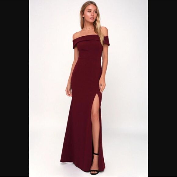 Lulu's Aveline Burgundy Off-the-Shoulder Maxi Dress - Picture 1 of 11